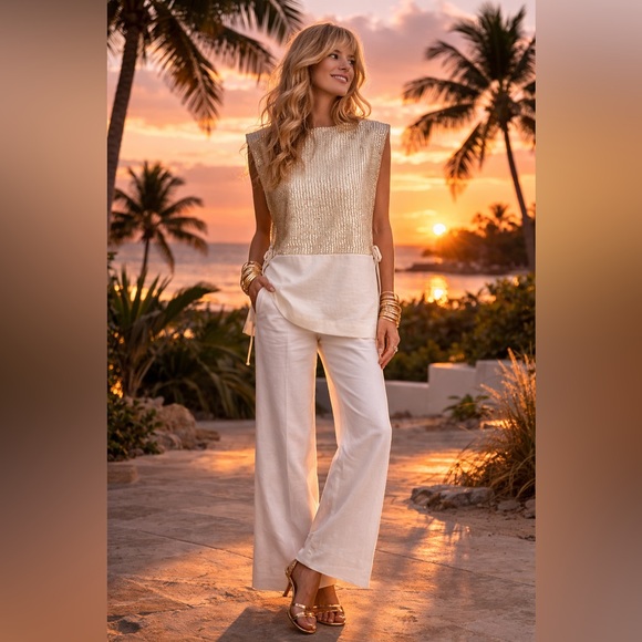 Zara Stylish White and Gold Sleeveless Blouse - Picture 2 of 15